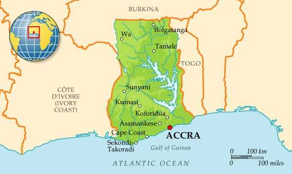 Подробная карта Ганы с отмеченными городами и достопримечательностями страны. Географическая карта. Гана со спутника