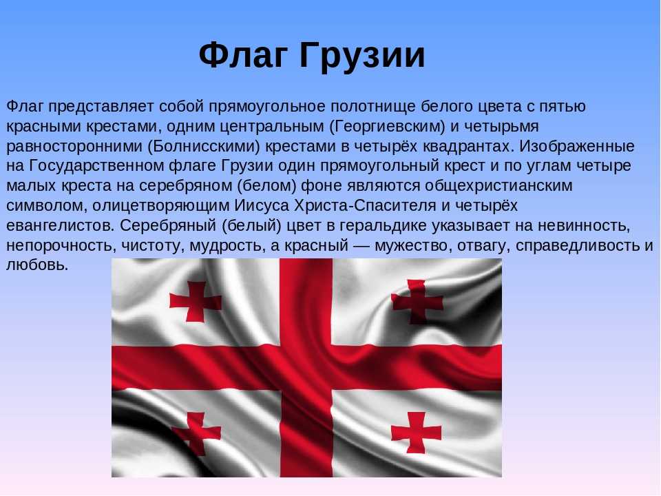 На этой странице Вы можете ознакомится с флагом Грузии, посмотреть его фото и описание