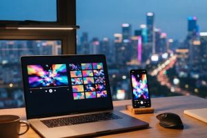Ноутбук и смартфон с видеоплатформой на рабочем столе
