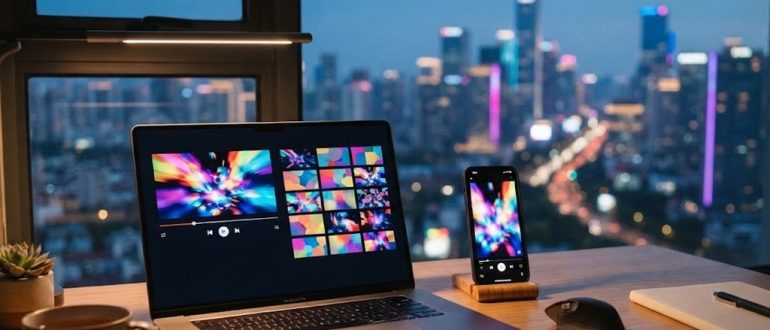 Ноутбук и смартфон с видеоплатформой на рабочем столе