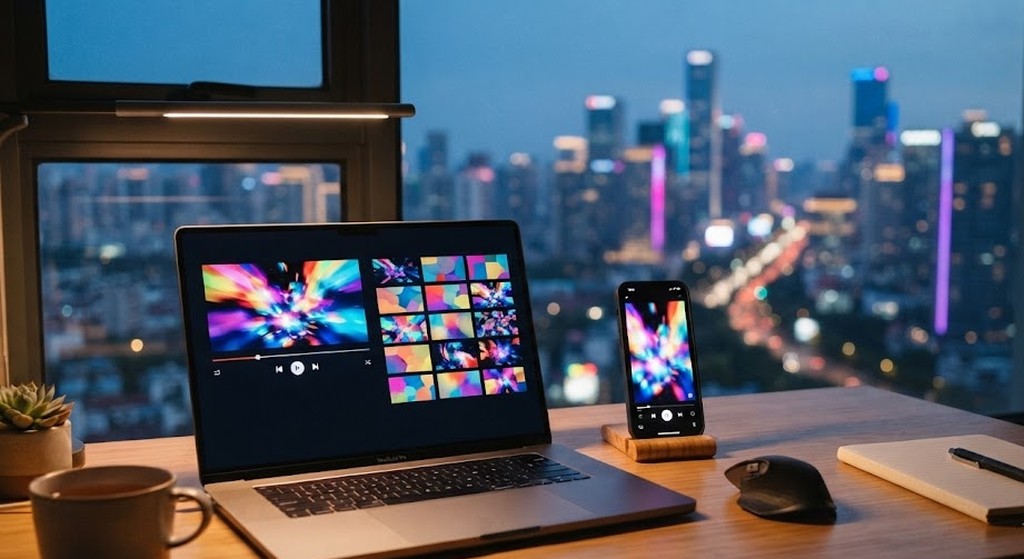 Ноутбук и смартфон с видеоплатформой на рабочем столе