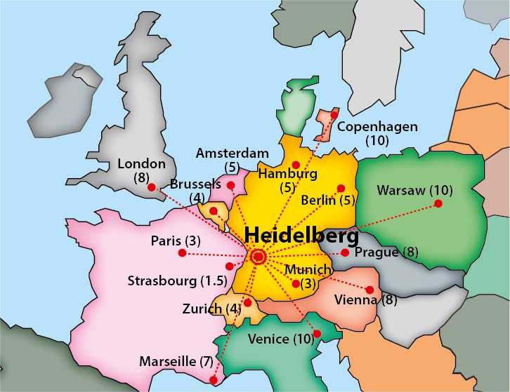 Подробная карта Гейдельберга на русском языке с отмеченными достопримечательностями города. Гейдельберг со спутника