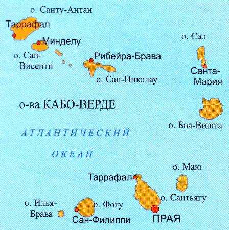 Подробная карта Кабо-Верде с отмеченными городами и достопримечательностями страны Географическая карта Кабо-Верде со спутника