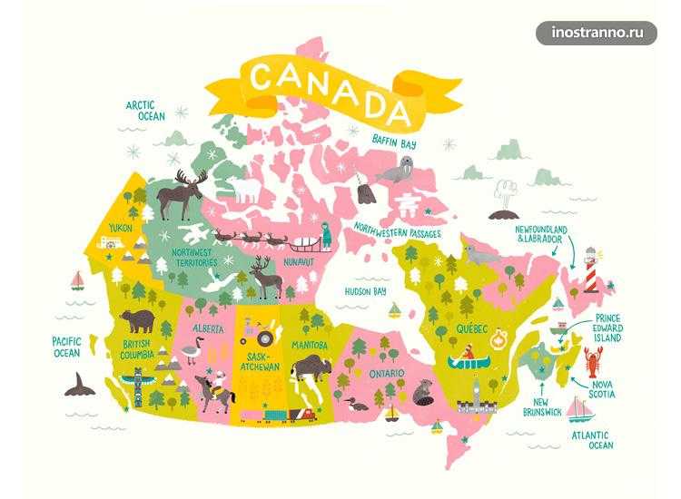 Подробная карта Канады с отмеченными городами и достопримечательностями страны Географическая карта Канада со спутника