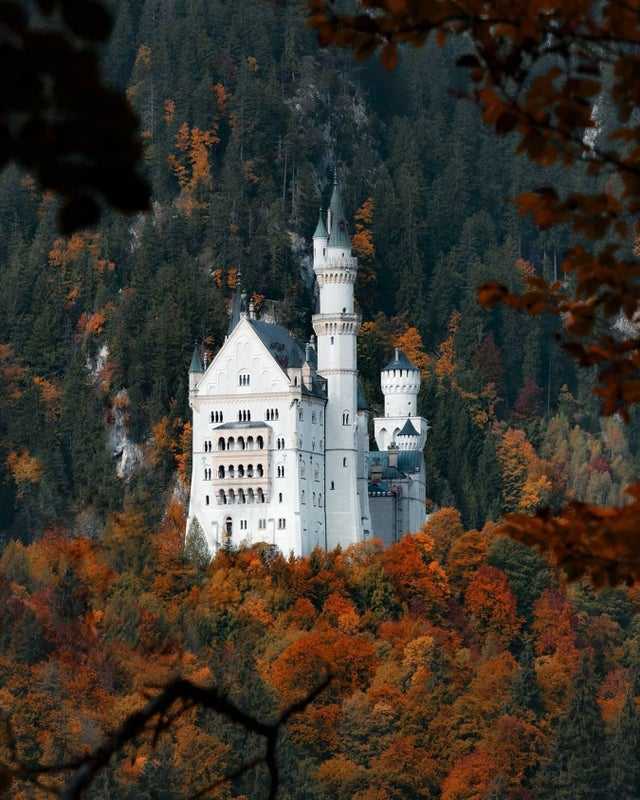 Замок Нойшванштайн построен на скале высотой 92 м в Баварских Альпах. Это один из самых известных замков Людвига II Баварского, которого иногда именуют Людвигом Безумным