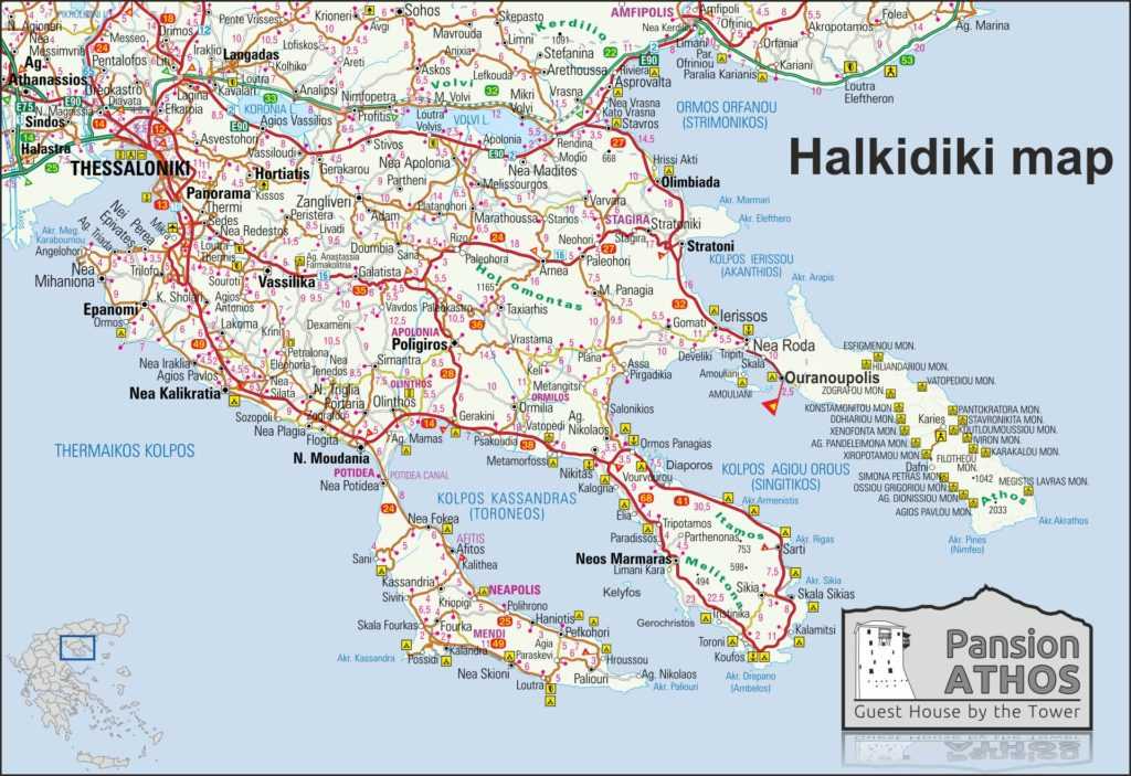 Подробная карта Салоники на русском языке с отмеченными достопримечательностями города. Салоники со спутника
