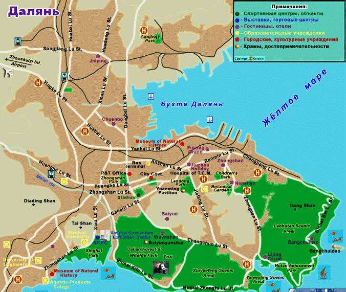 Подробная карта Даляня на русском языке с отмеченными достопримечательностями города Далянь со спутника