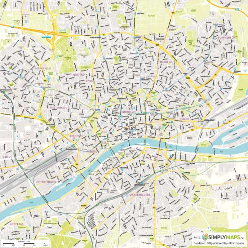 Подробная карта Франкфурта-на-Майне на русском языке с отмеченными достопримечательностями города. Франкфурт-на-Майне со спутника