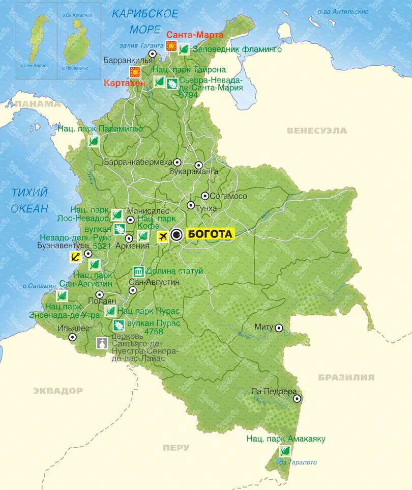 Подробная карта Колумбии с отмеченными городами и достопримечательностями страны Географическая карта Колумбия со спутника
