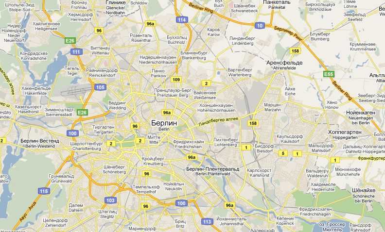 Подробная карта Берлина на русском языке с отмеченными достопримечательностями города. Берлин со спутника