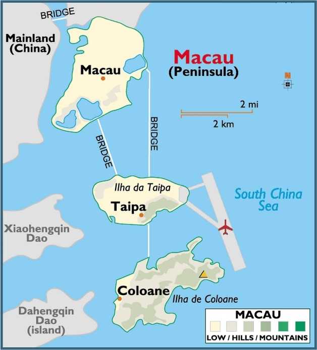 Подробная карта Макао на русском языке с отмеченными достопримечательностями города Макао со спутника