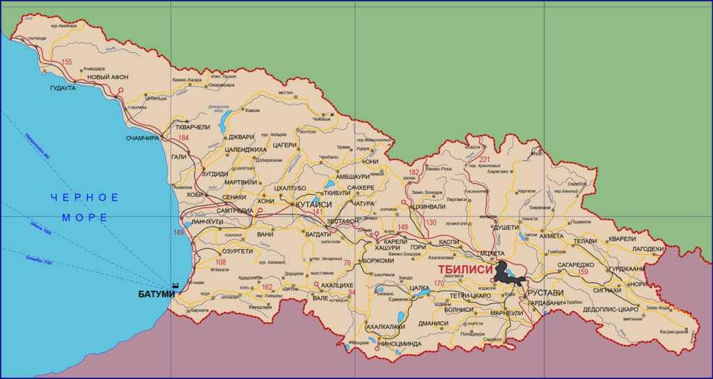 Подробная карта Грузии с отмеченными городами и достопримечательностями страны. Географическая карта. Грузия со спутника