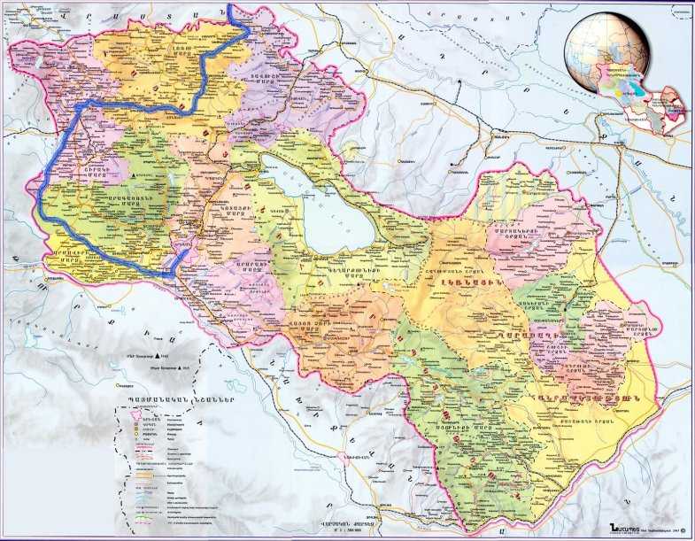 Подробная карта Армении на русском языке с отмеченными достопримечательностями города Армения со спутника
