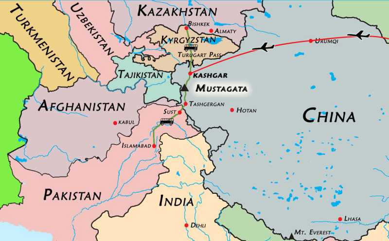 Подробная карта Кашгара на русском языке с отмеченными достопримечательностями города Кашгар со спутника